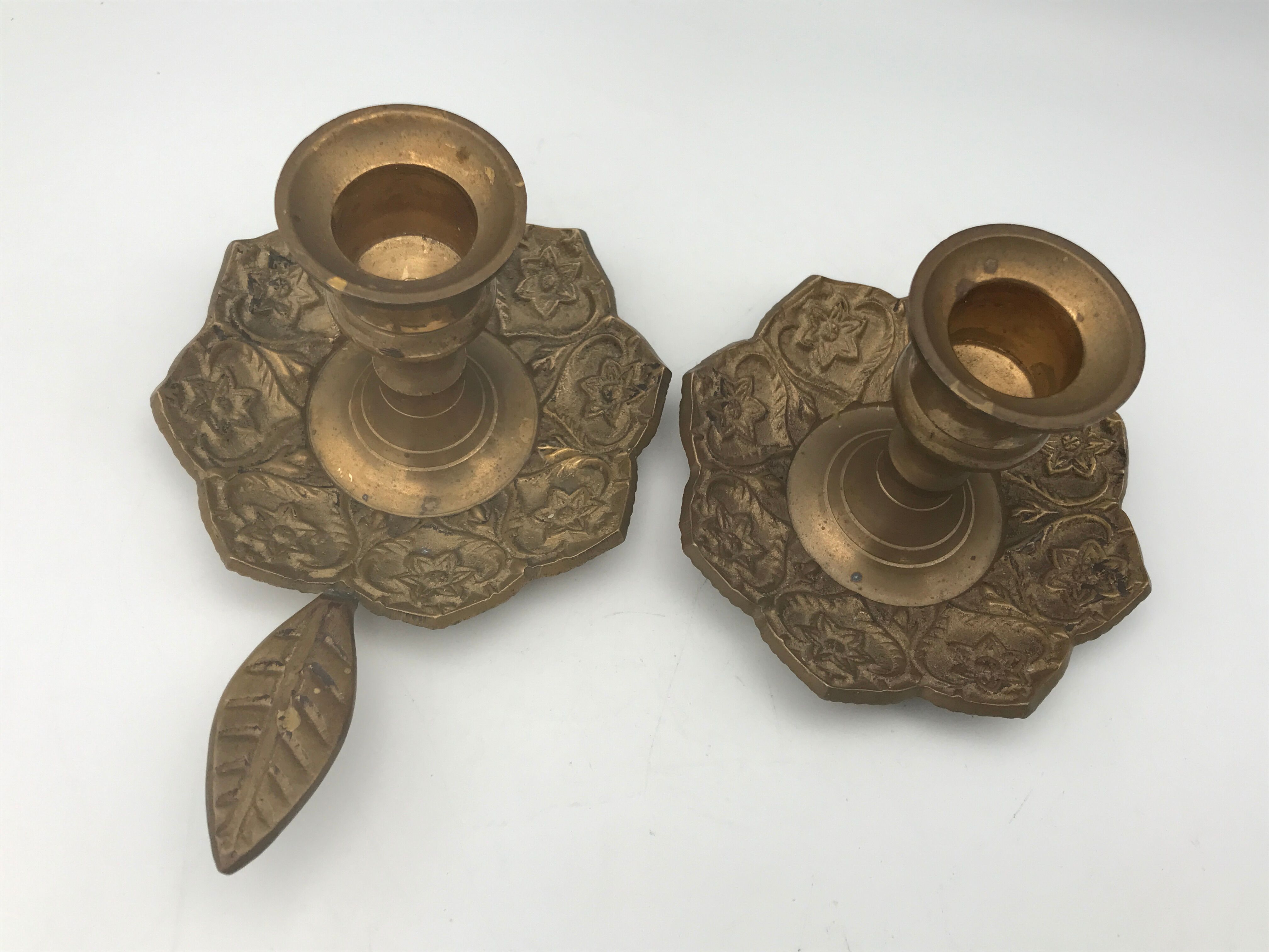 PAIR of BRASS table CANDLE HOLDERS with Flower Patterns