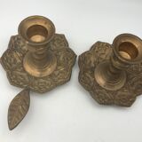 PAIR of BRASS table CANDLE HOLDERS with Flower Patterns