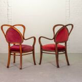 Red Velvet Heartshaped Wooden Vintage Design Side Chairs. Set of 2. 1950s