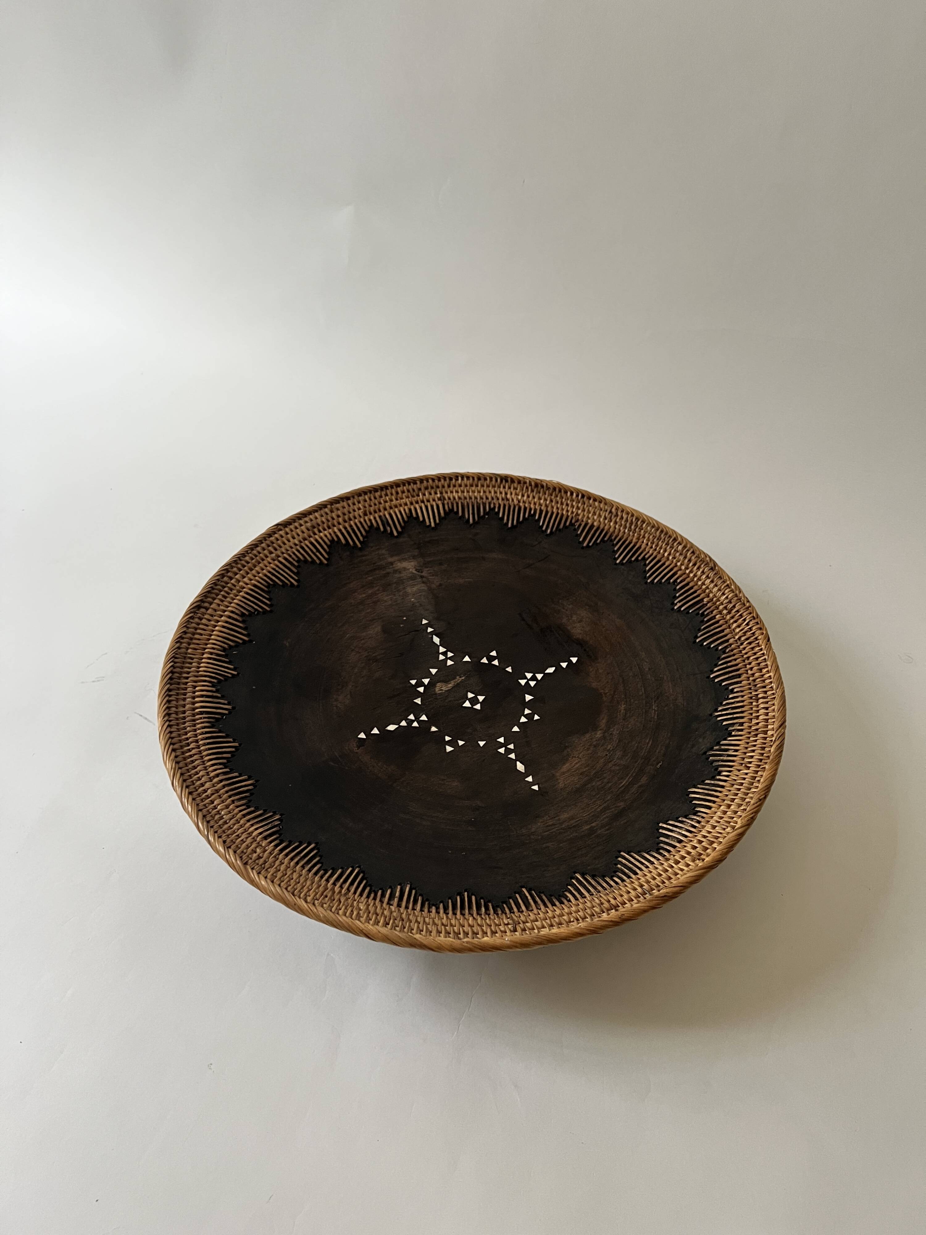 Large basket/trinket tray in blackened wood, wickerwork & mother-of-pearl