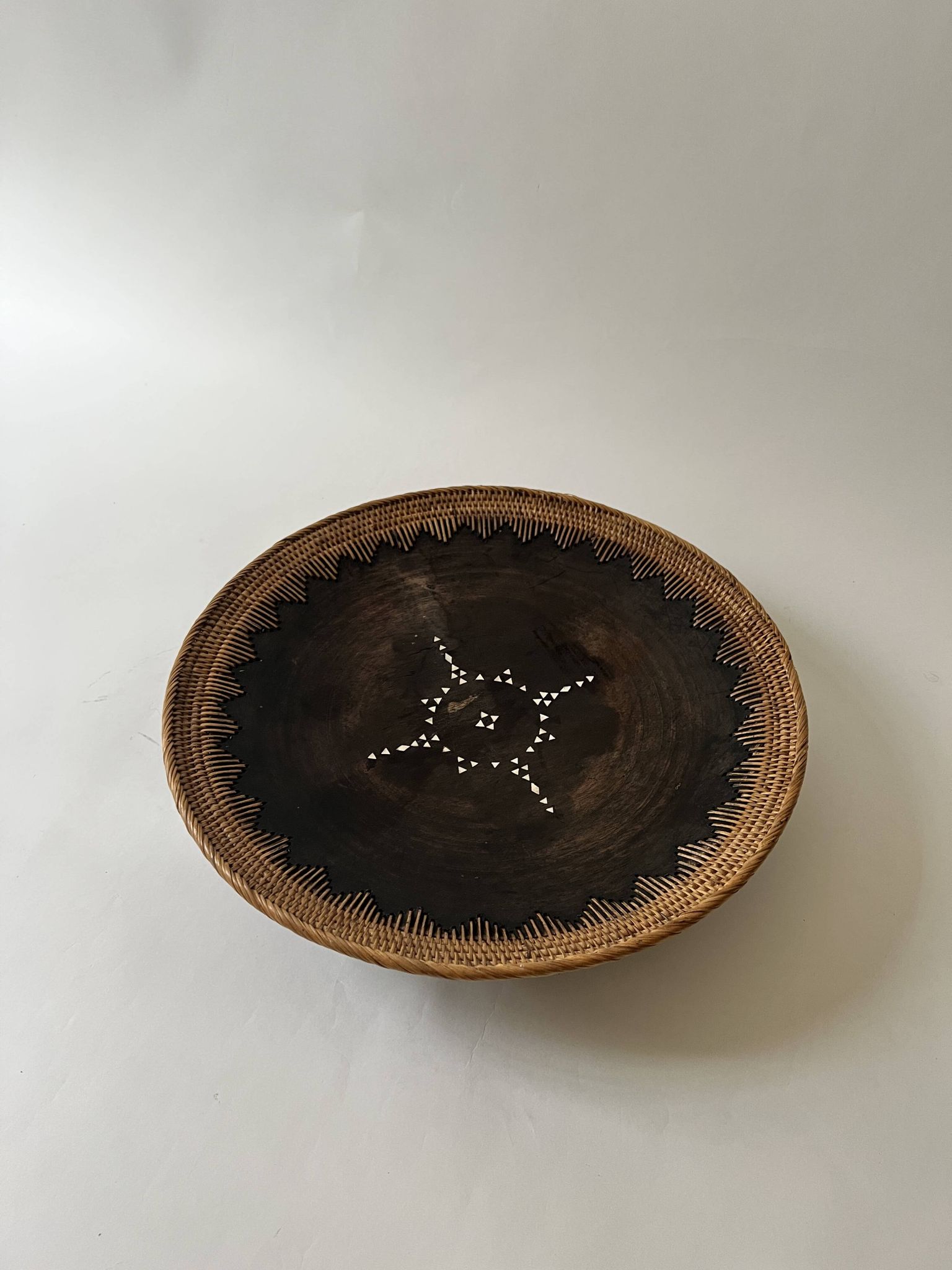 Large basket/trinket tray in blackened wood, wickerwork & mother-of-pearl