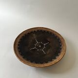 Large basket/trinket tray in blackened wood, wickerwork & mother-of-pearl