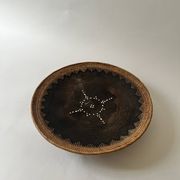 Large basket/trinket tray in blackened wood, wickerwork & mother-of-pearl