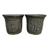 Pair of planters from the 60s with antique decor, green background