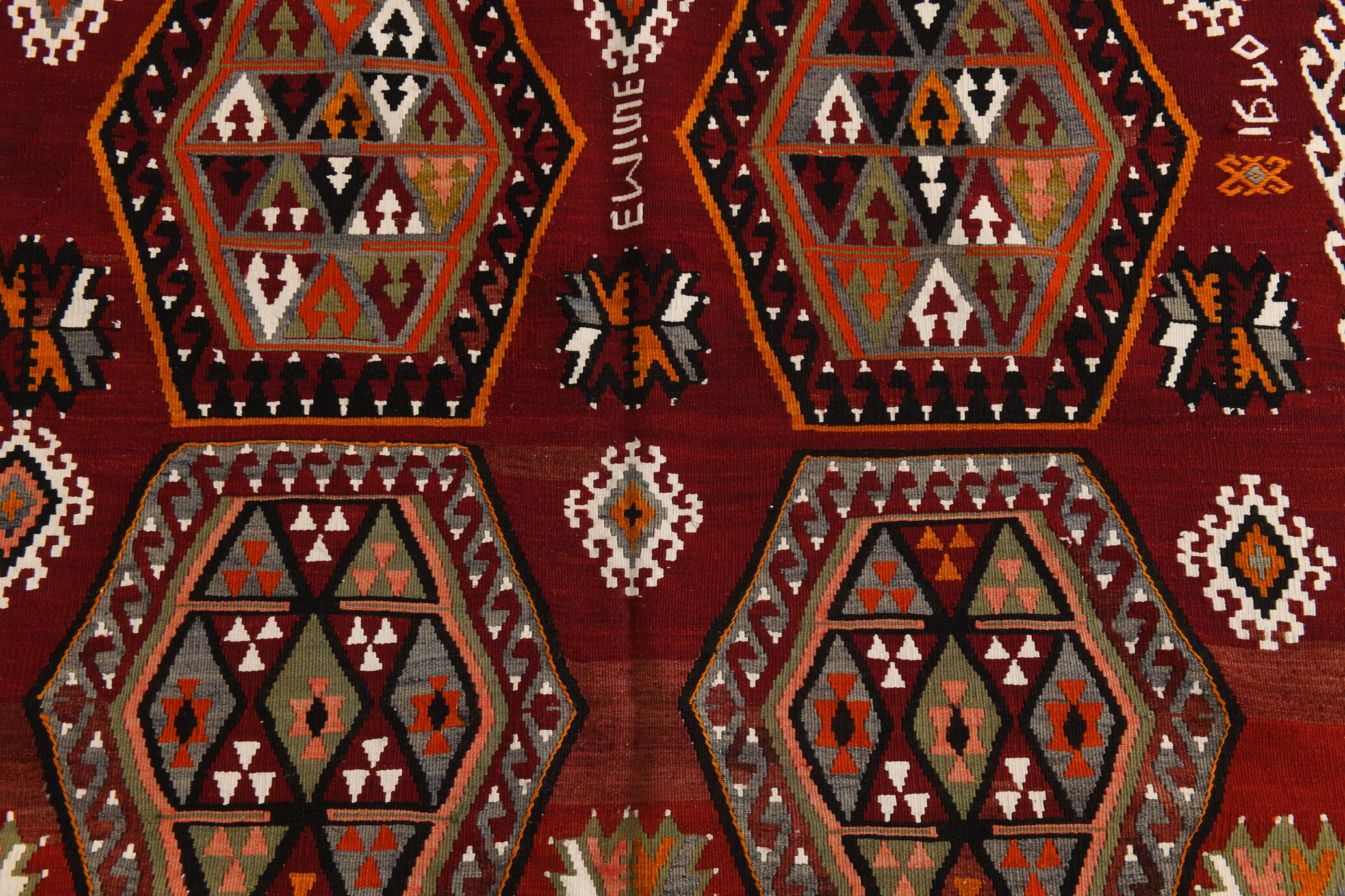 6x15 Wine Red & Green Vintage Kilim Rug, 198x468Cm