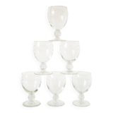 Set of 6 small wine glasses with intricately carved stems in engraved crystal, Art Nouveau