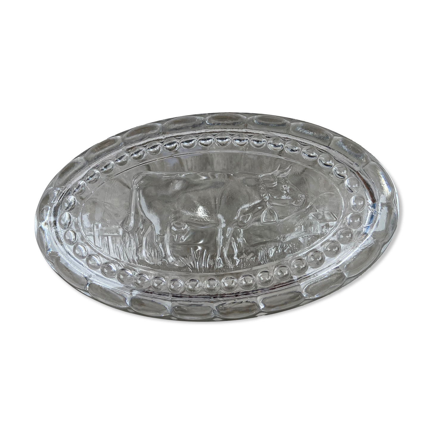 Vintage moulded transparent glass butter - Cow-Blue-60s decoration
