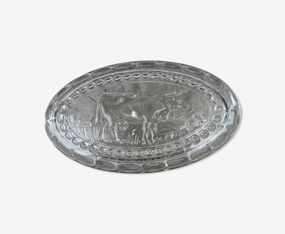 Beurrier vintage en verre transparent moulé - Décor vache-Coloris bleu-Années 60