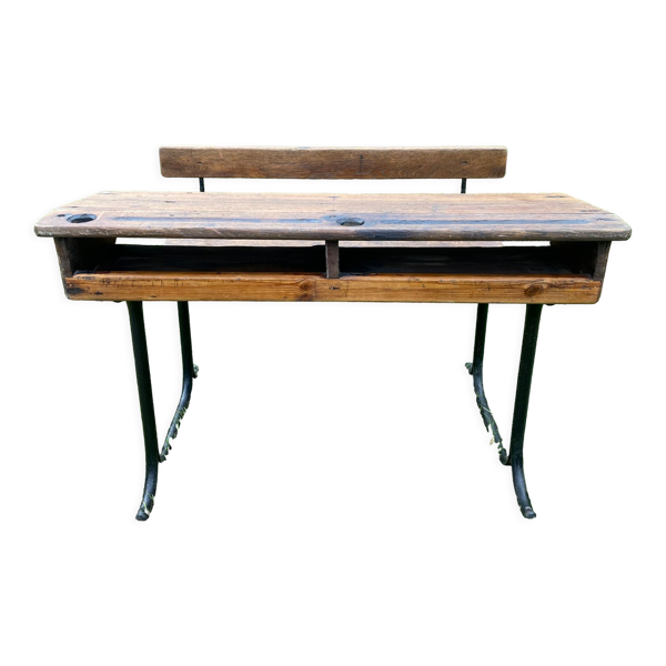 Bureau d’écolier ancien en bois et fonte