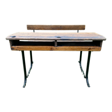 Bureau d’écolier ancien en bois et fonte