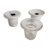 Three white porcelain and glass inkwells for school desk