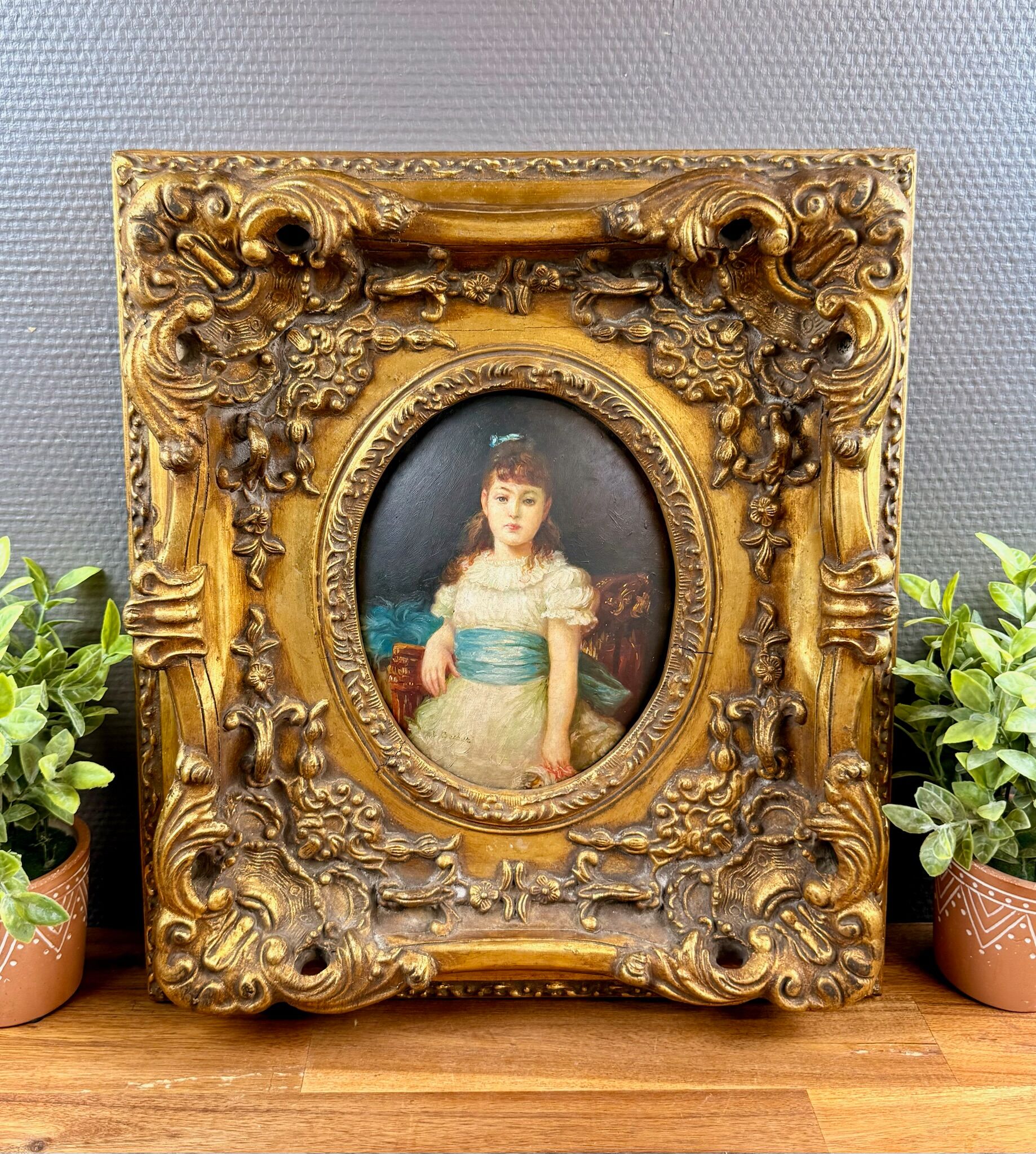 Old painting on wood signed Becker (?) – Portrait of a child