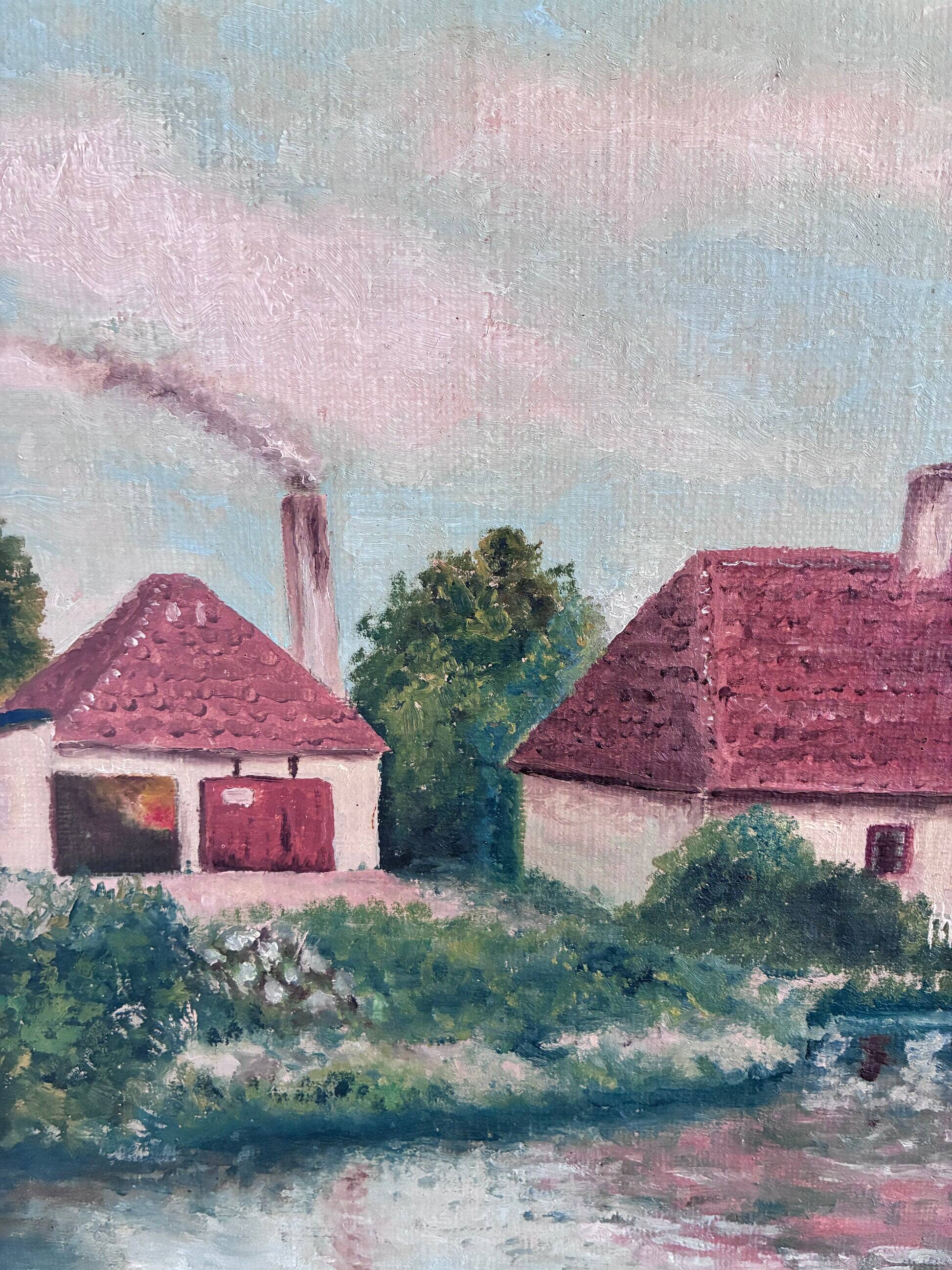 Vintage original landscape oil painting, signed farmhouse art