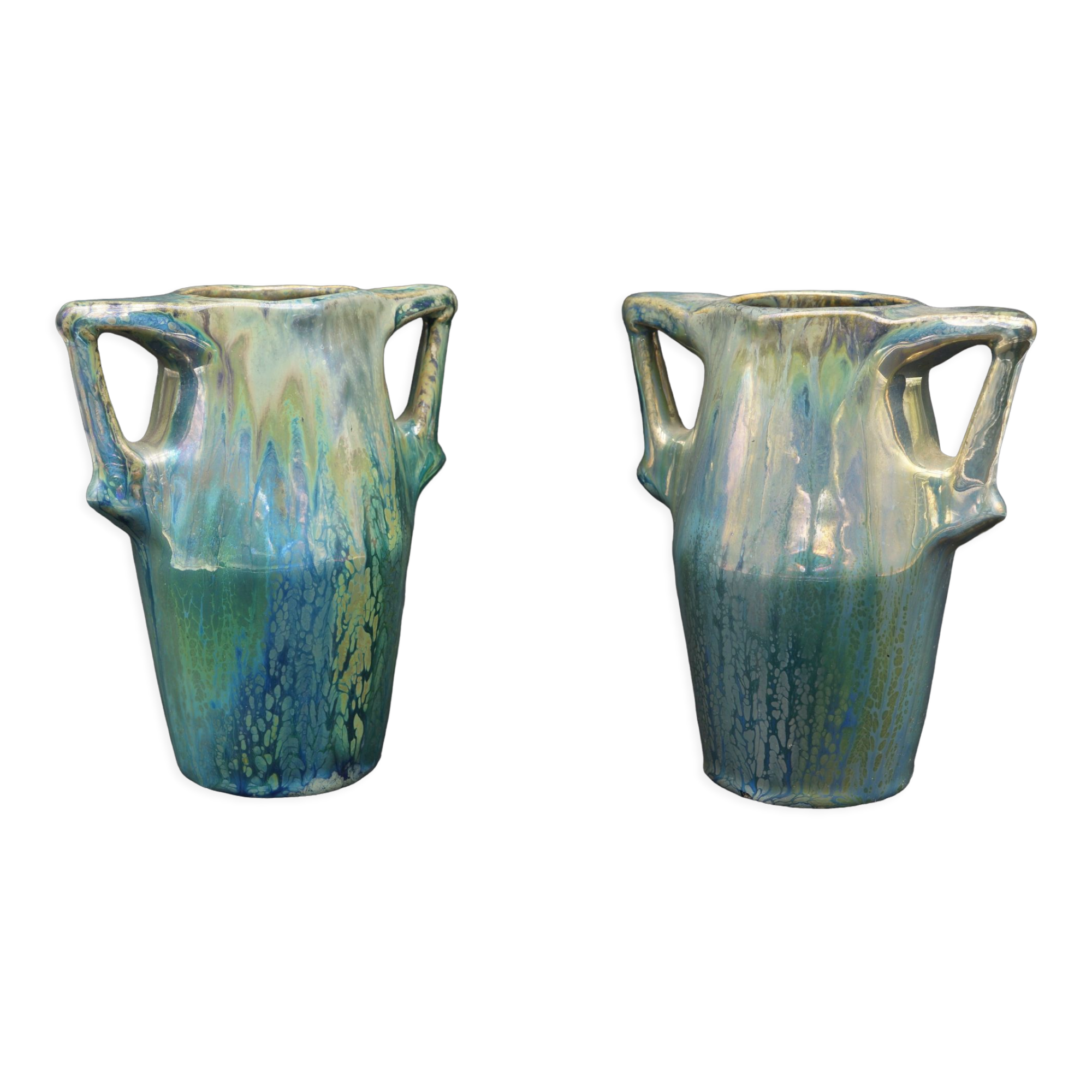 Ceramic alphonse cytere (1861-1941) pair of metallise sandstone vases