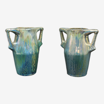 Ceramic alphonse cytere (1861-1941) pair of metallise sandstone vases