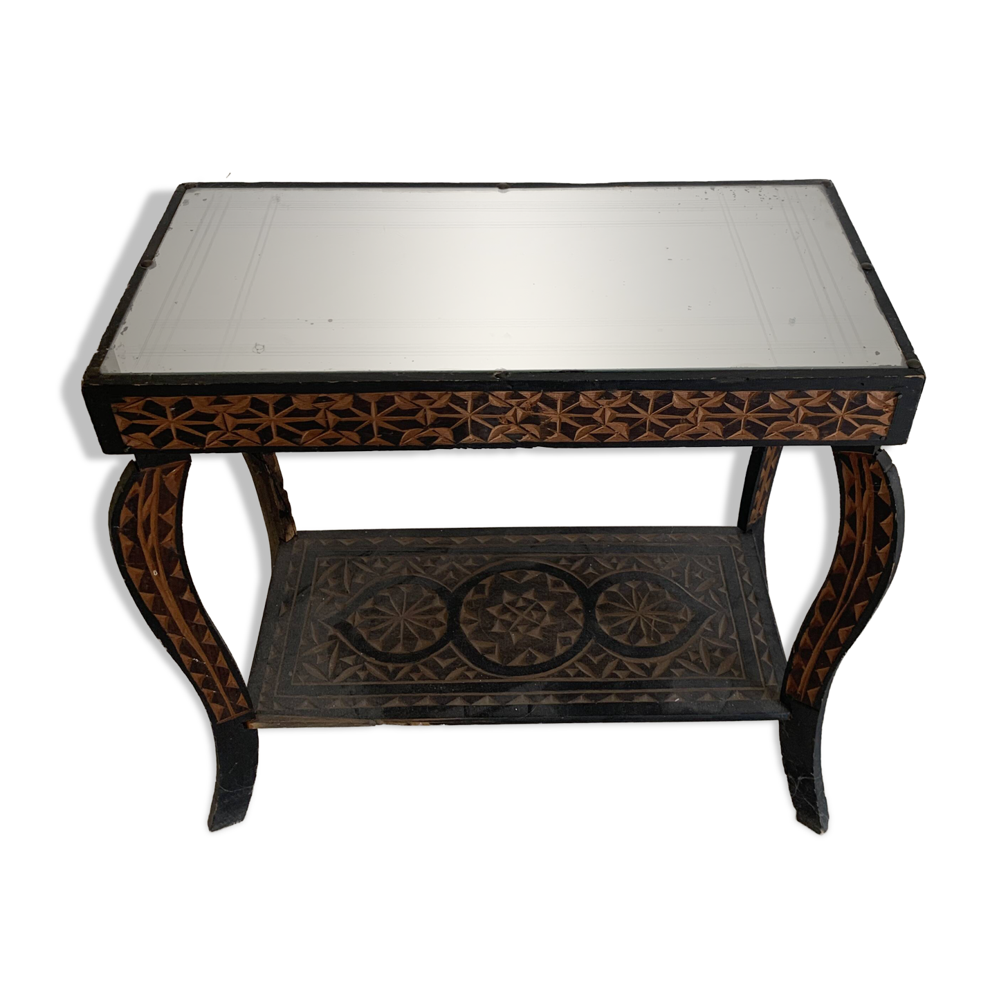 Guéridon vintage 1970 artisanat fait main miroir oriental - 60 x 30 cm