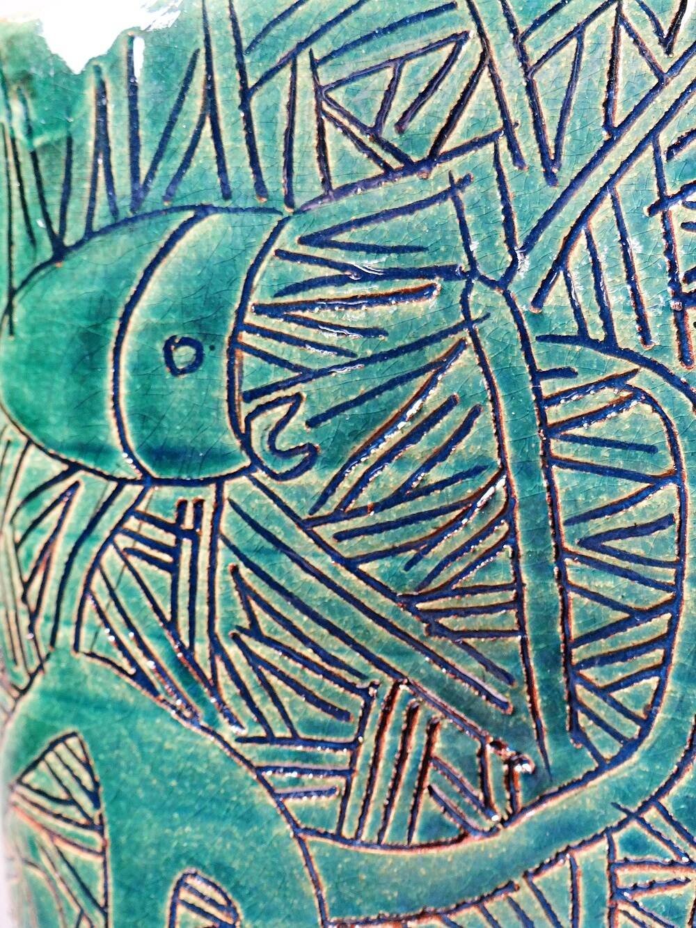 Vintage blue-green artisan pottery vase with incised tribal decoration Eseka Pottery.