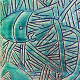 Vintage blue-green artisan pottery vase with incised tribal decoration Eseka Pottery.