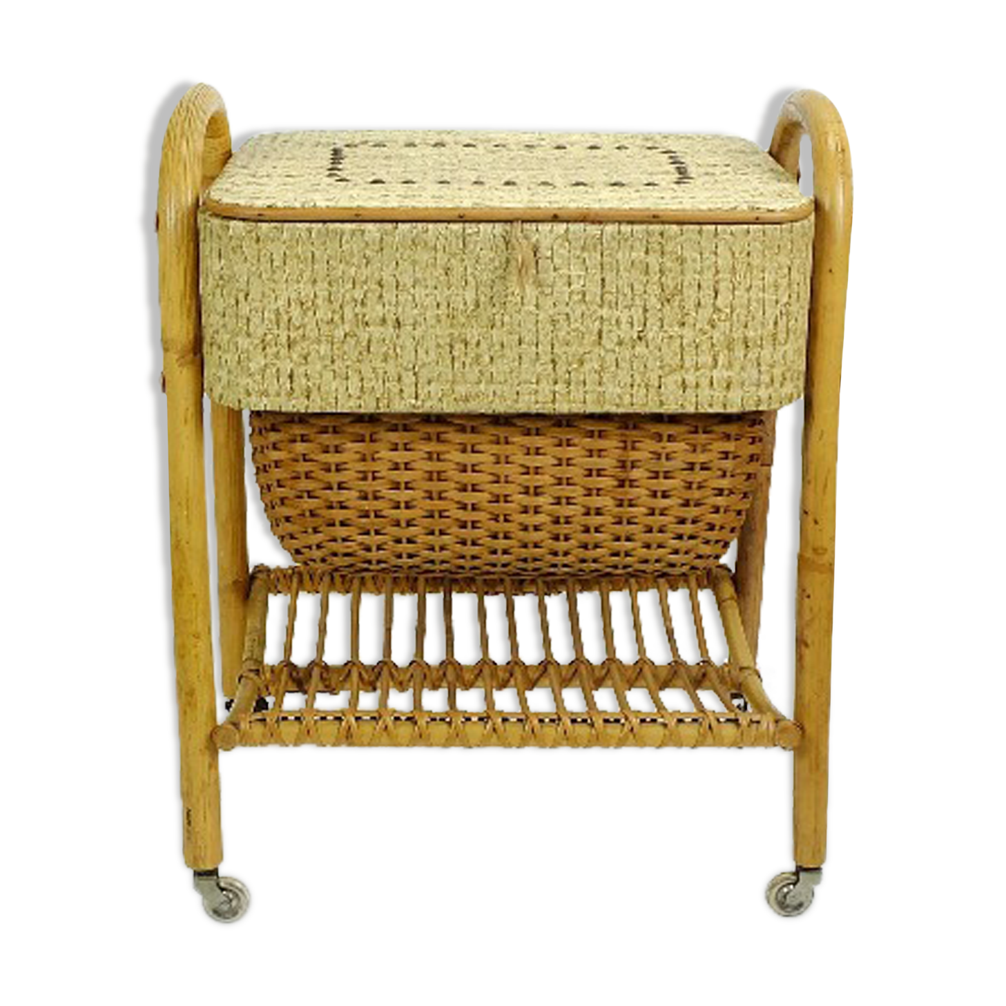 1950s mid century bamboo rattan wicker sewing box or knitting basket