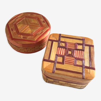 Pair of straw marquetry boxes