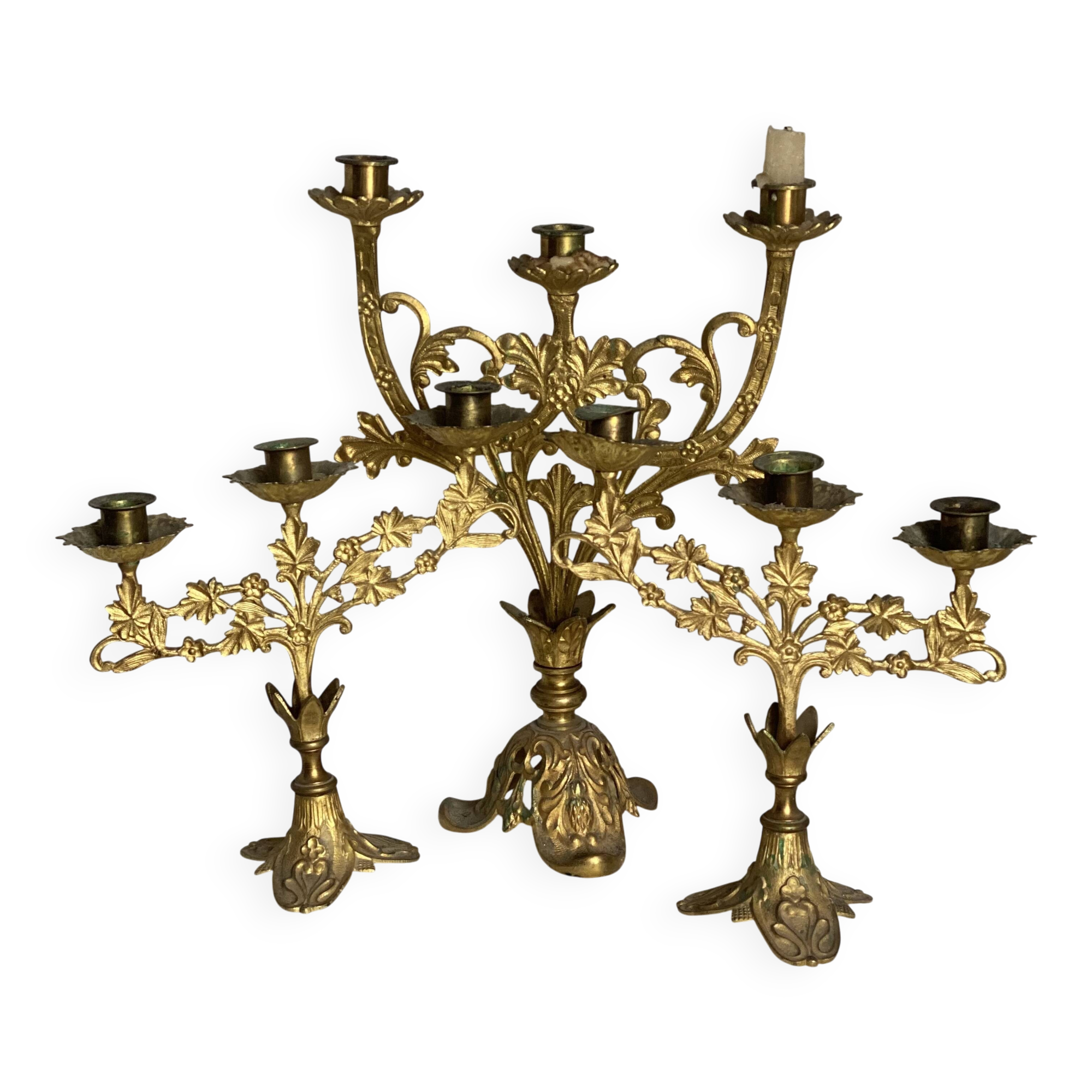 Set of 3 gilt metal candlesticks from the early 20th century.