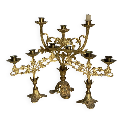 Ensemble de 3 chandeliers métal doré du début du XXé s. Bougeoirs