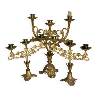 Set of 3 gilt metal candlesticks from the early 20th century.