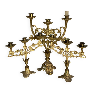 Set of 3 gilt metal candlesticks from the early 20th century.