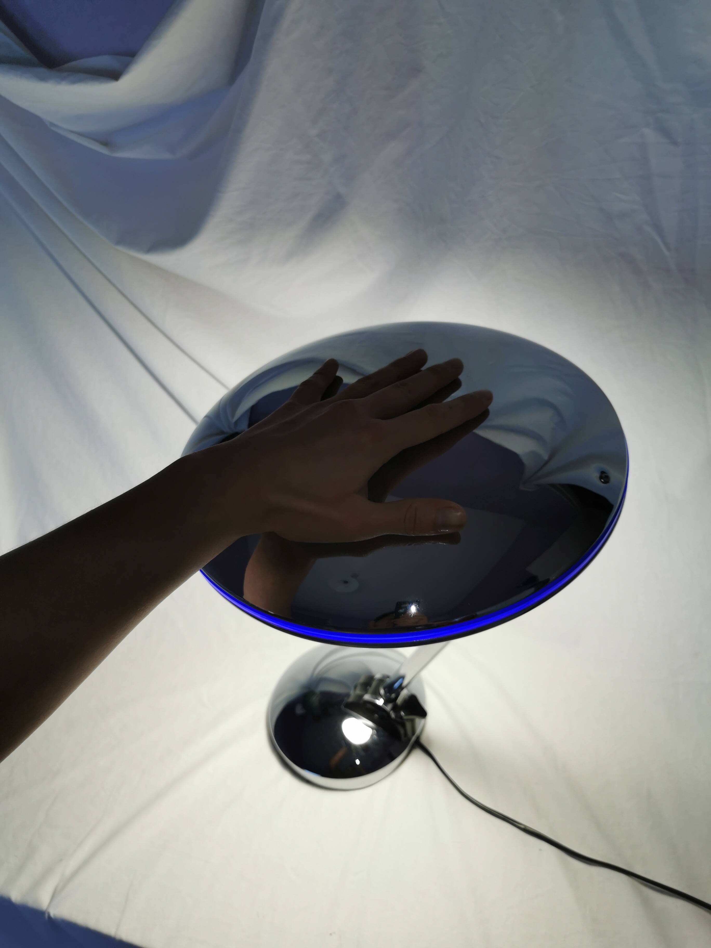 Adjustable chrome metal UFO lamp, space age, UFO, Aluminor, France, 1980.