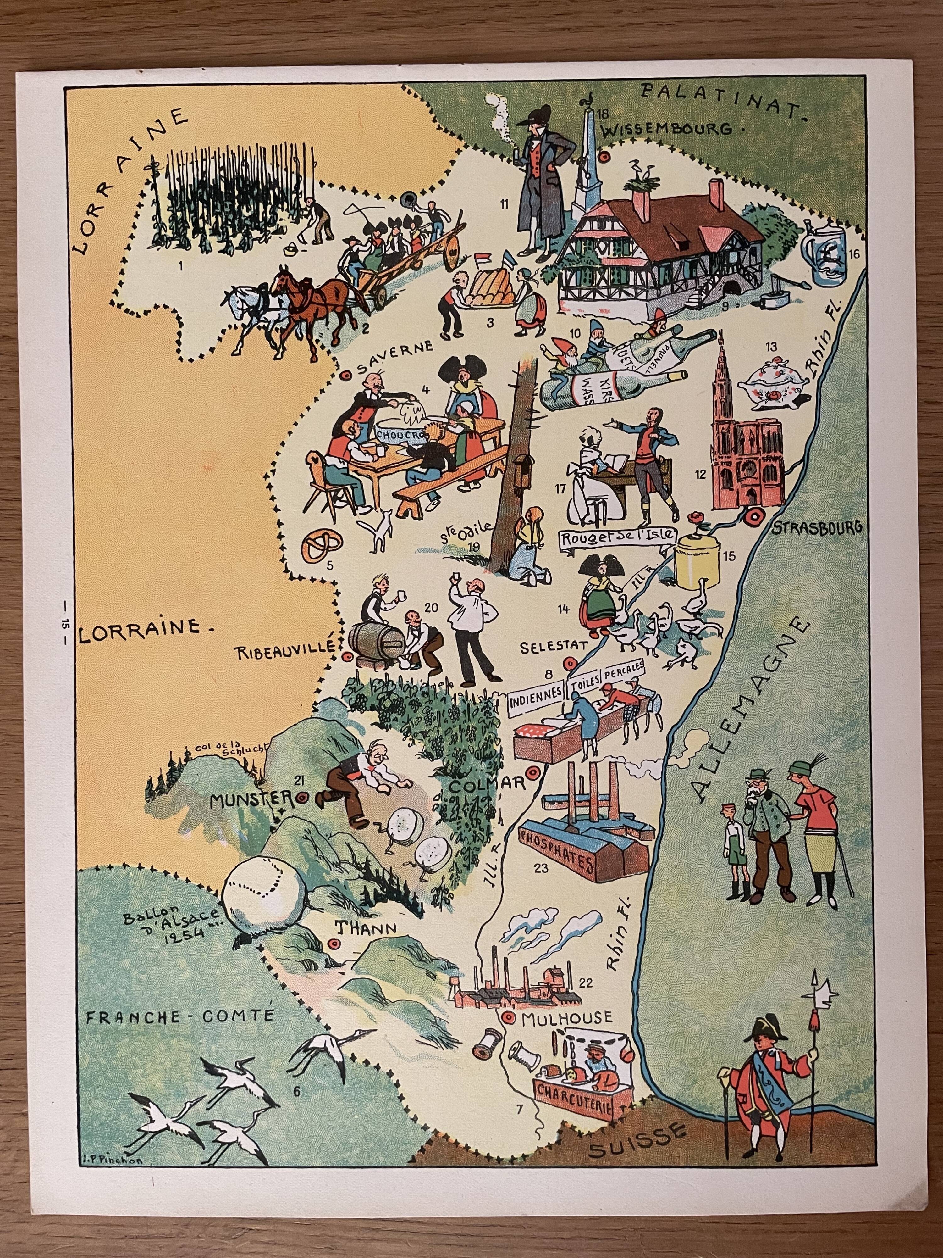 Vintage poster illustrated map of Alsace 1945 - JP Pinchon