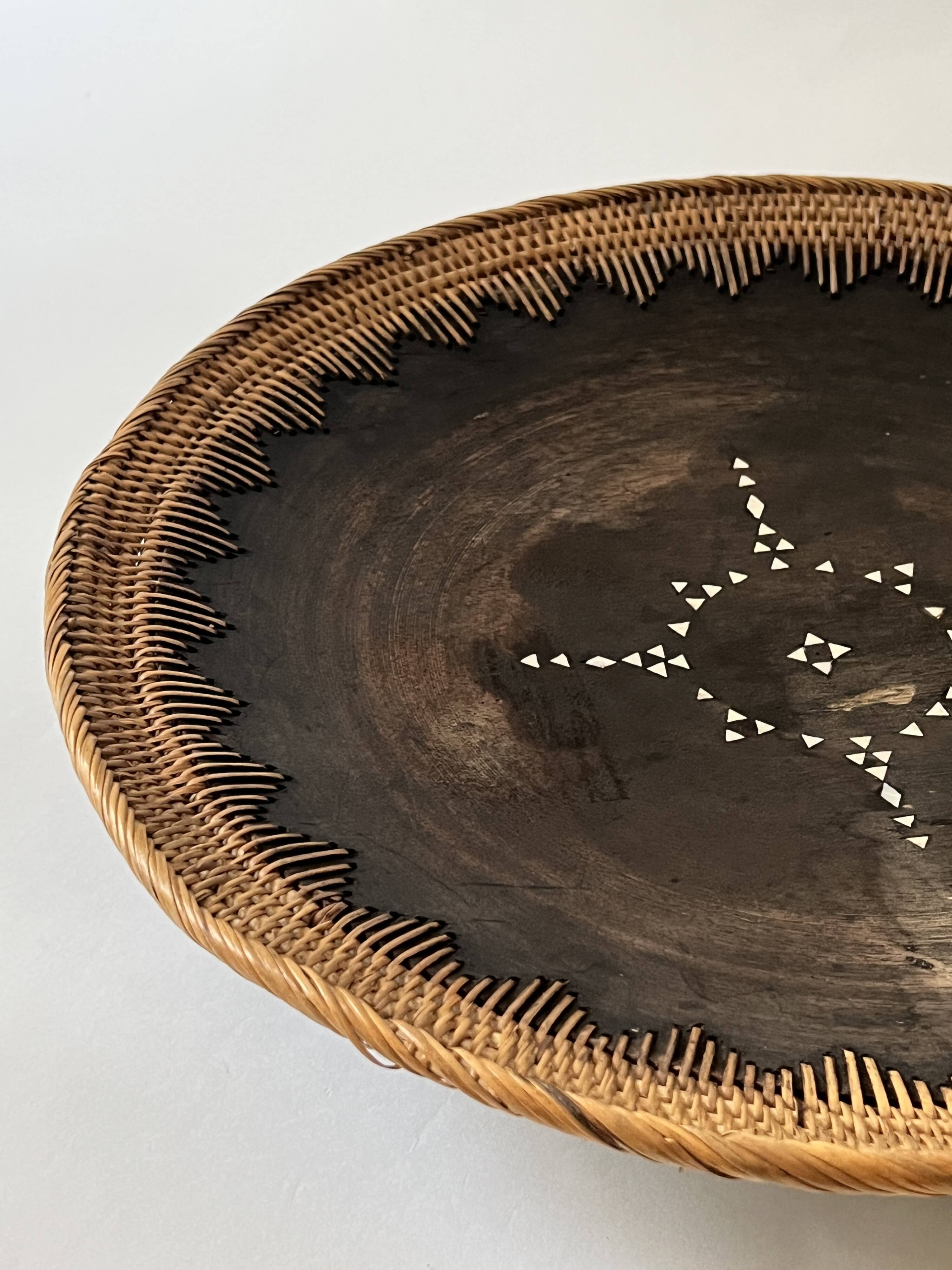 Large basket/trinket tray in blackened wood, wickerwork & mother-of-pearl