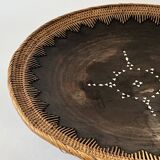 Large basket/trinket tray in blackened wood, wickerwork & mother-of-pearl