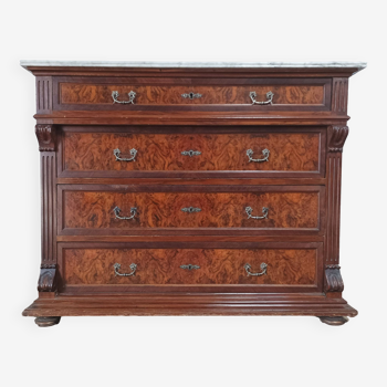 Neo-Renaissance Henri II chest of drawers in walnut burr