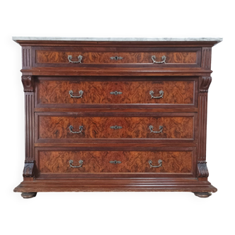 Neo-Renaissance Henri II chest of drawers in walnut burr