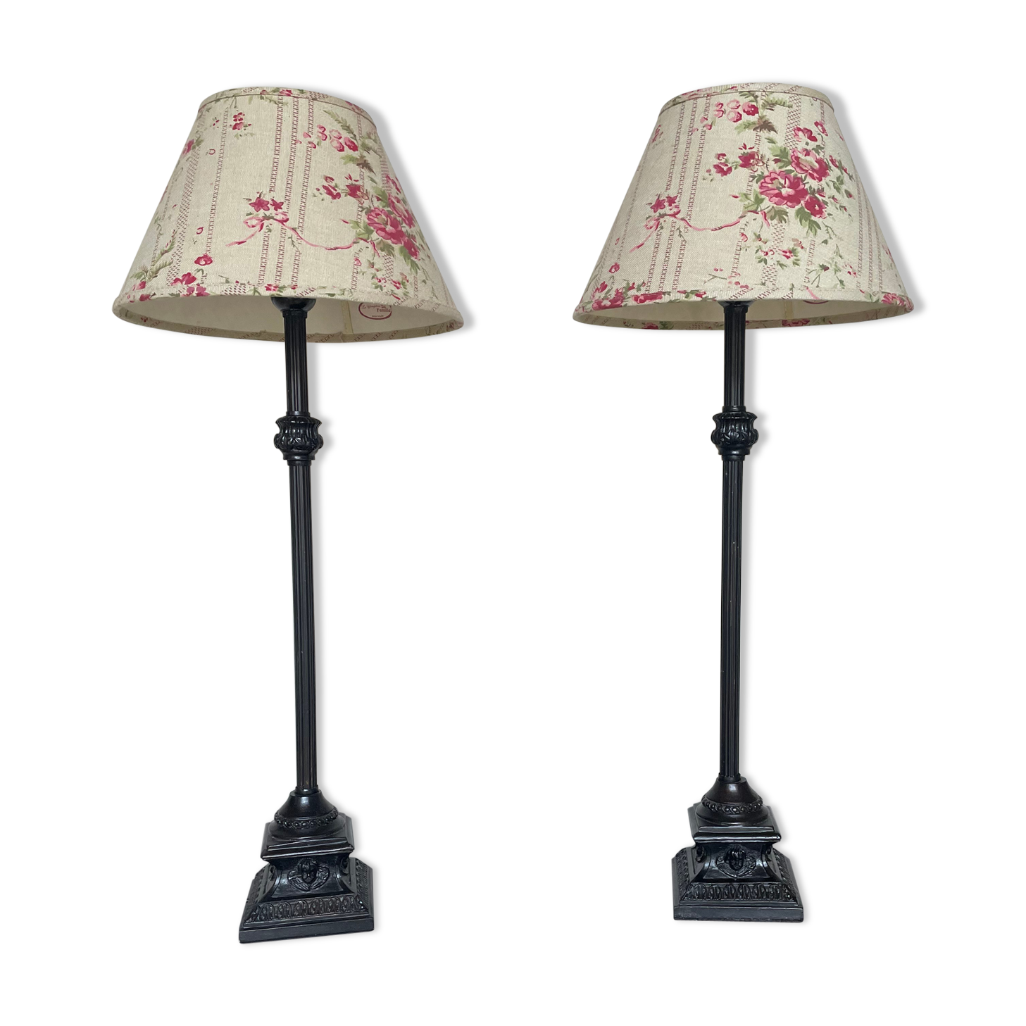 Pair of metal table lamps and shabby chic lampshade