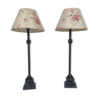 Paire de lampes à poser métal et abat jour shabby chic