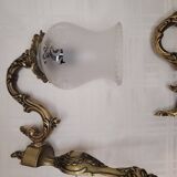 Pair of golden brass and engraved glass wall lights