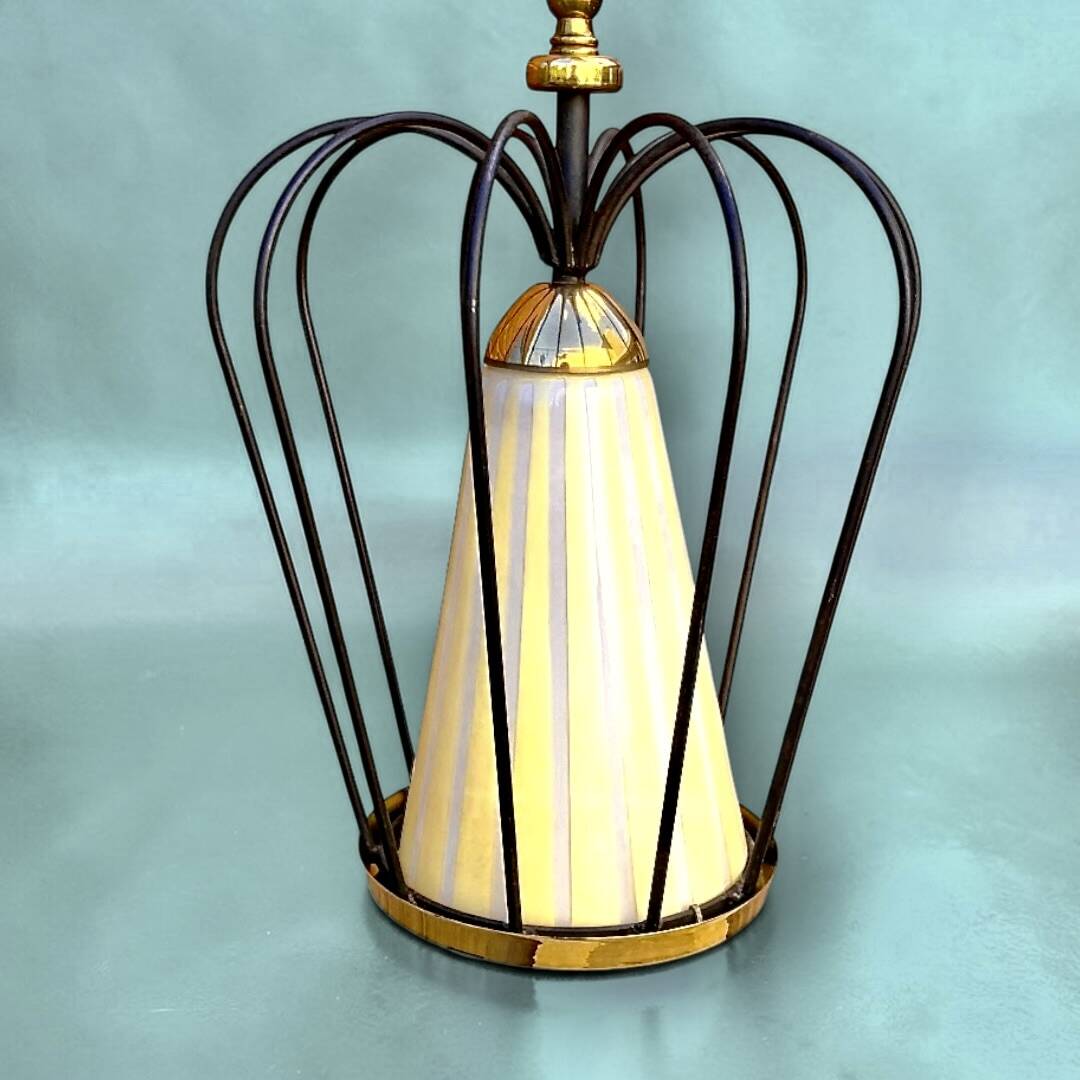 Brass suspension, black metal and striped glass attributed to Massive, 1950s.