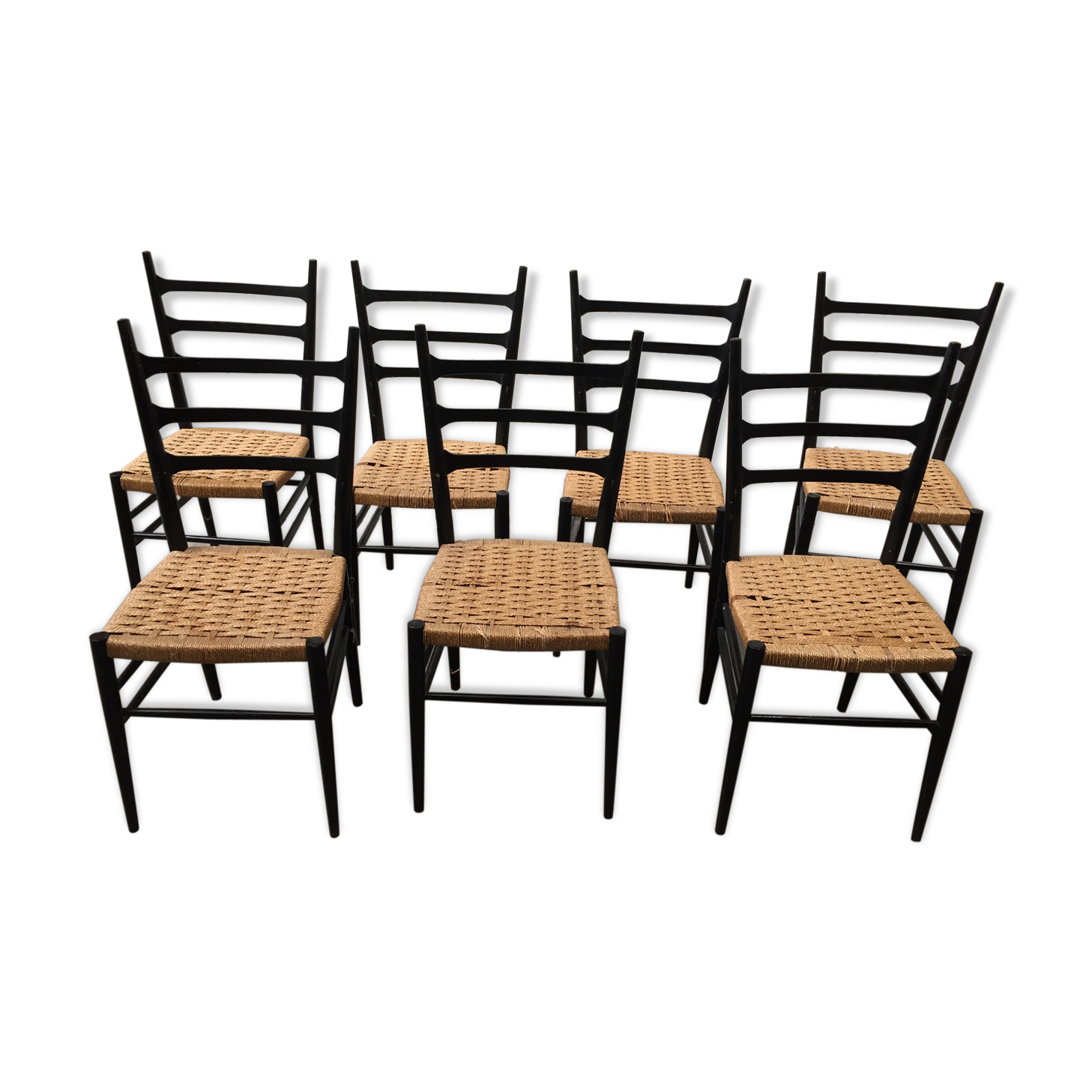 Set of 7 blackened wooden chairs, 1960s vintage