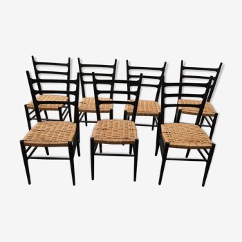 Set of 7 blackened wooden chairs, 1960s vintage