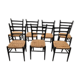Set of 7 blackened wooden chairs, 1960s vintage