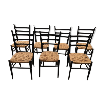 Set of 7 blackened wooden chairs, 1960s vintage