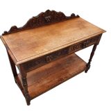 Victorian Gothic Oak side table, decorative carved round 1920. Green Mask decoration
