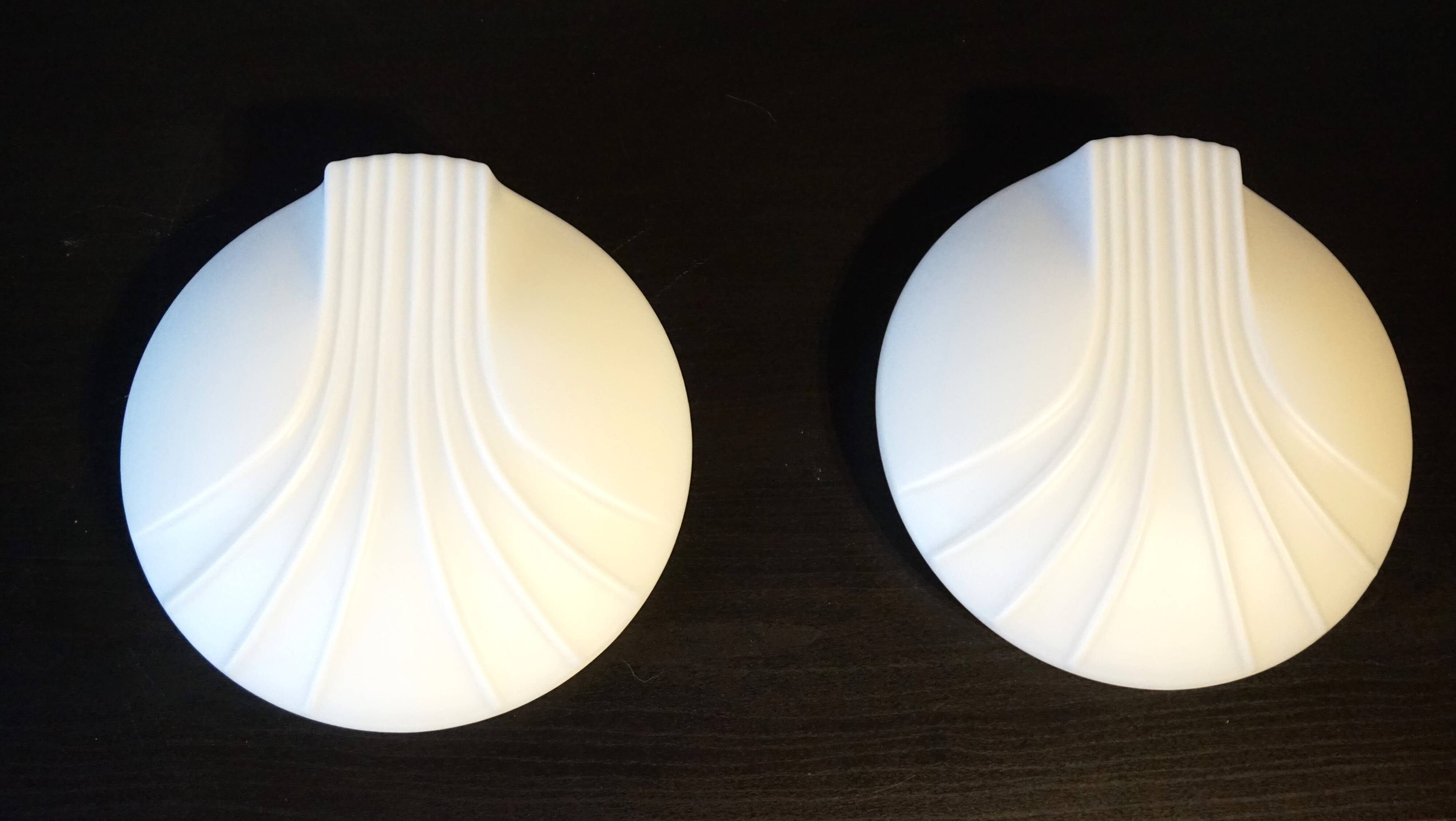 Set of 2 Hillebrand Art Deco shell opal glass wall lamps, 1960