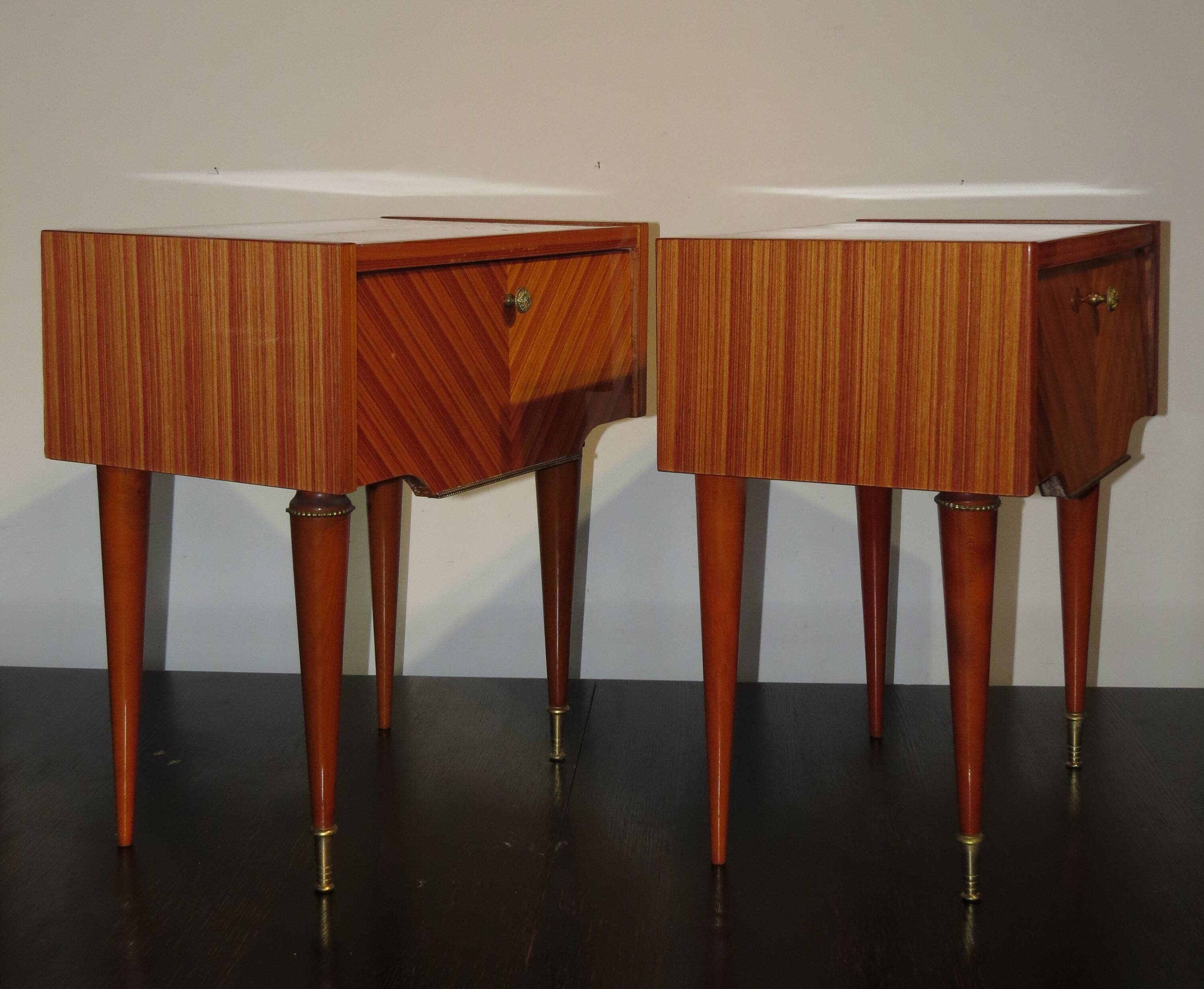 Pair of 60s veneer bedside tables with brass decorations