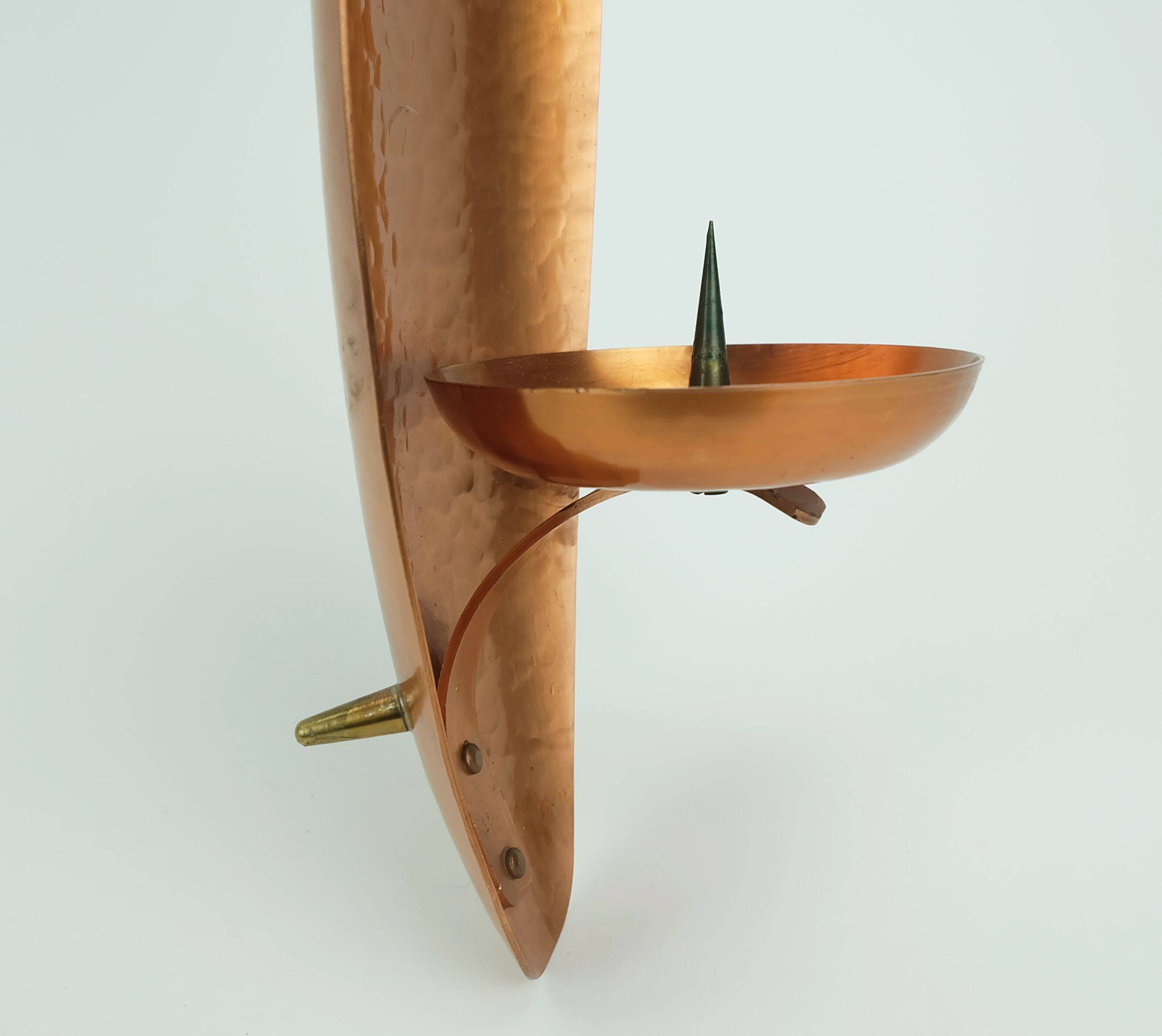 Large 1950s 60s mid century wall candle holder hammered copper