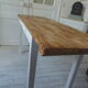 Farm table, leg and belt patinated pearl gray, waxed top medium oak.