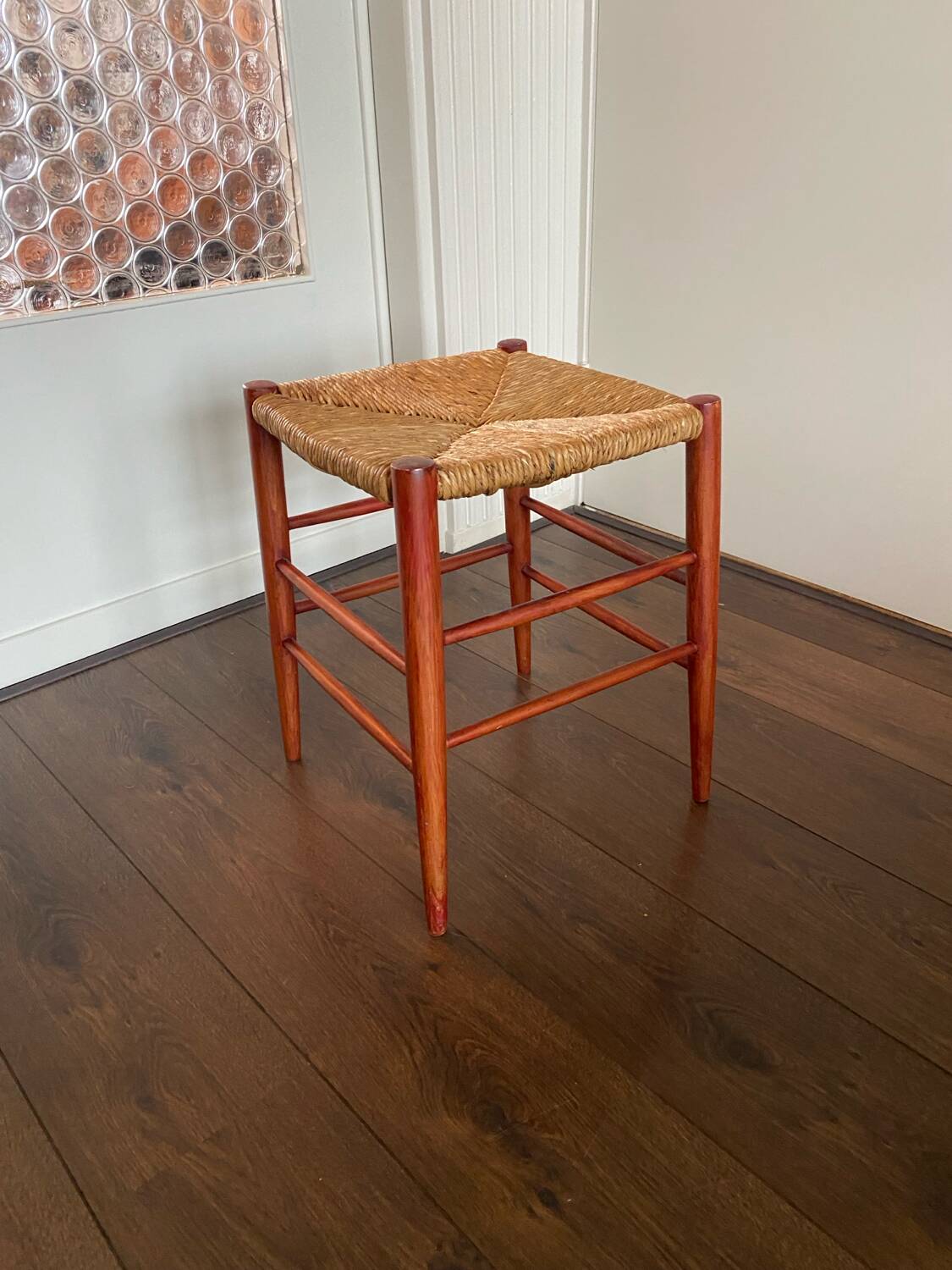 Mid-Century Wicker and Beech Stool, 1960s