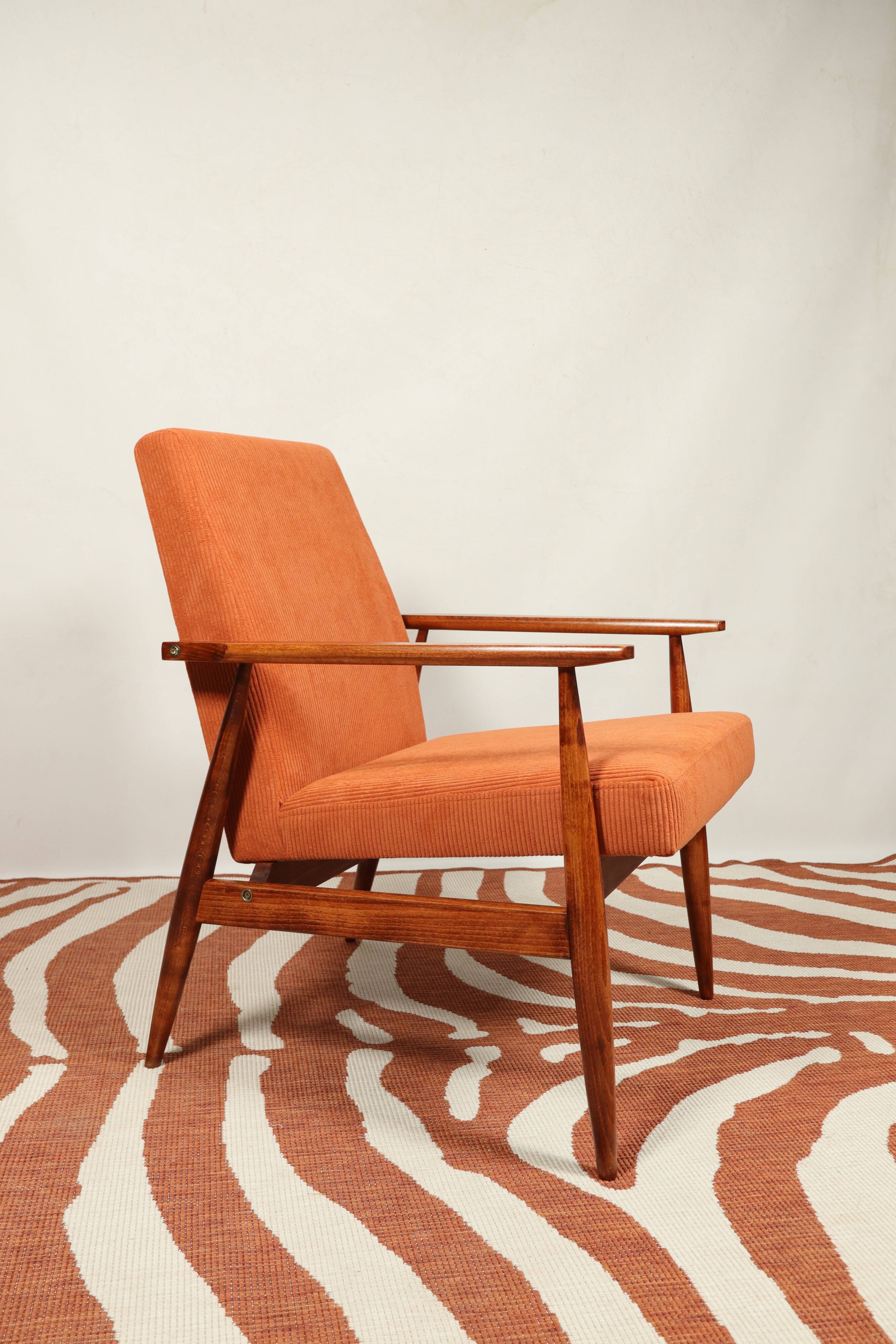 Vintage armchair orange burt corduroy upholstery , Henryk Lis, 1960, Poland