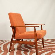 Vintage armchair orange burt corduroy upholstery , Henryk Lis, 1960, Poland